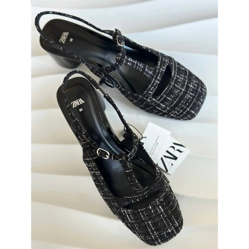 ZARA Textured Slingbacks NWT 🖤 Tweed Fabric Block Heel Size 7.5 8 - Picture 7 of 16